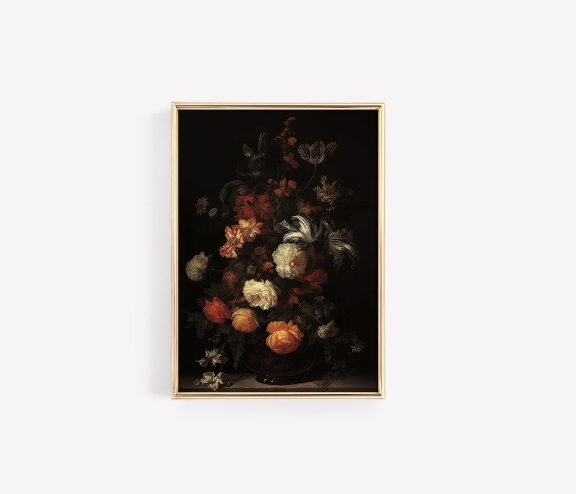 Dark Moody Floral Still Life Mixed Roses Marigolds On Black Poster - Image 2