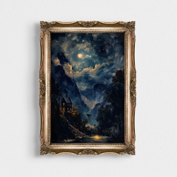 Mystical Twilight Woods Moody Dark Academia Aesthetic Starry Print Blue Landscape Night Sky Painting Vintage Moon Dark Cottagecore Art