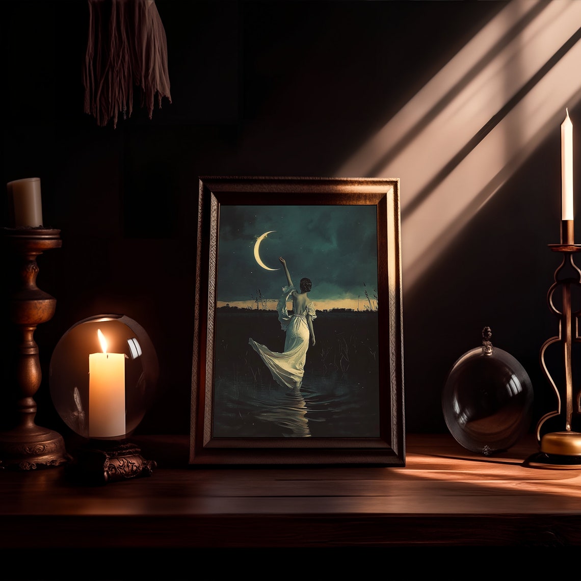 Moonlit Woman Reaching for the Crescent Moon Dark Academia Print - Image 2