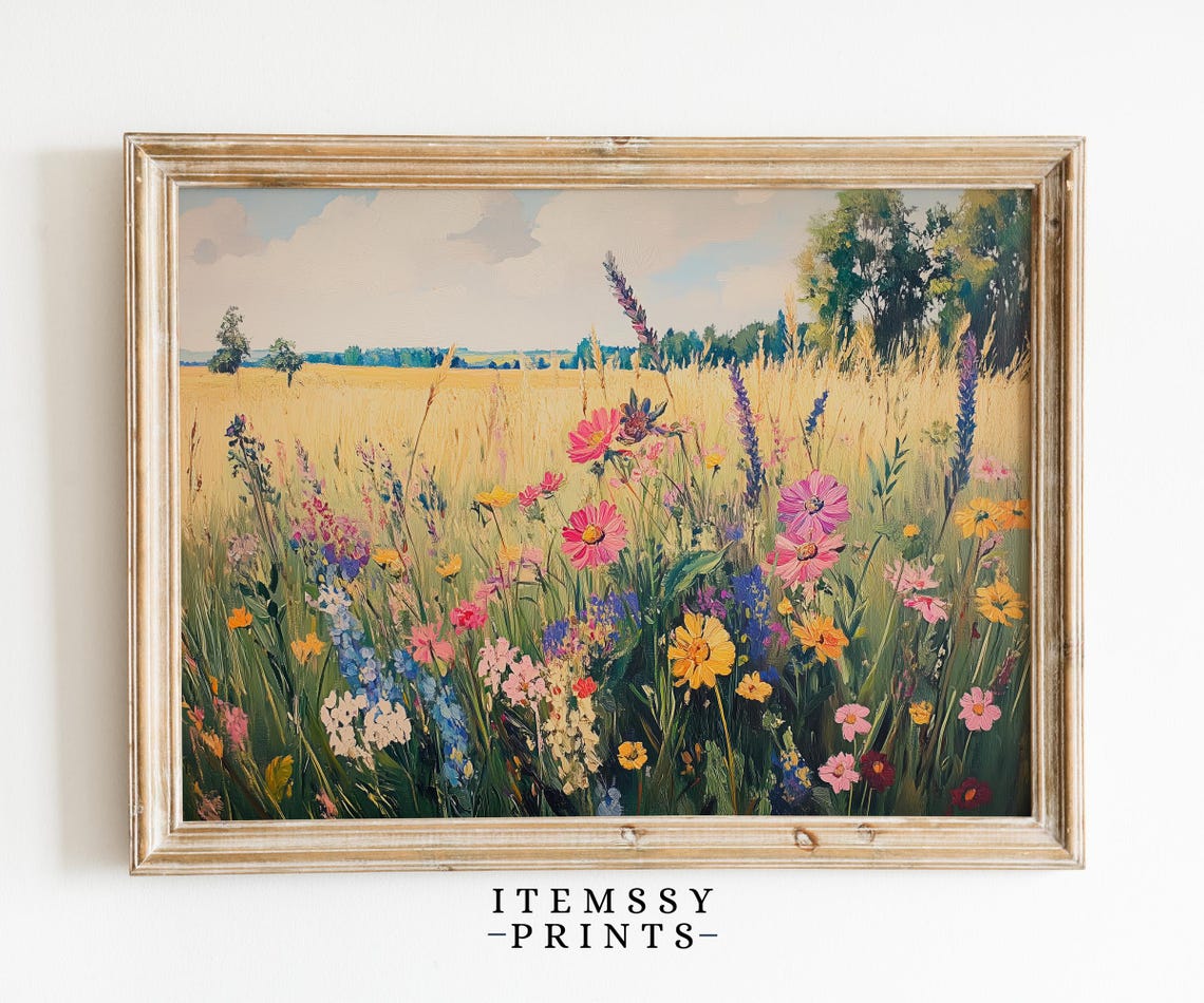 Sunlit Wildflower Field Country Meadow Impressionist Landscape Print