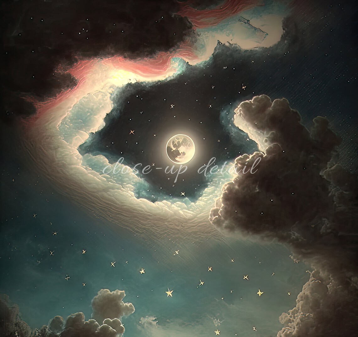 Moon And Stars Cloudy Night Sky Vintage Gothic Celestial Painting Poster - Image 2