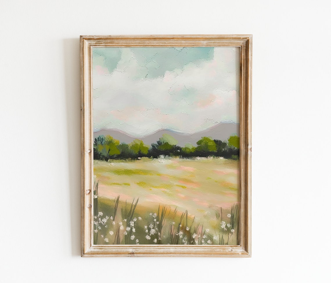Green Meadow Mountain Trees Wildflower Field Landscape Poster