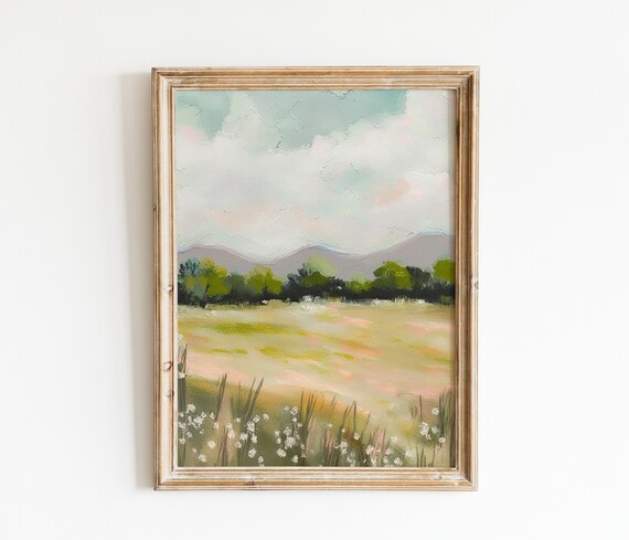 Green Meadow Mountain Trees Wildflower Field Landscape Poster