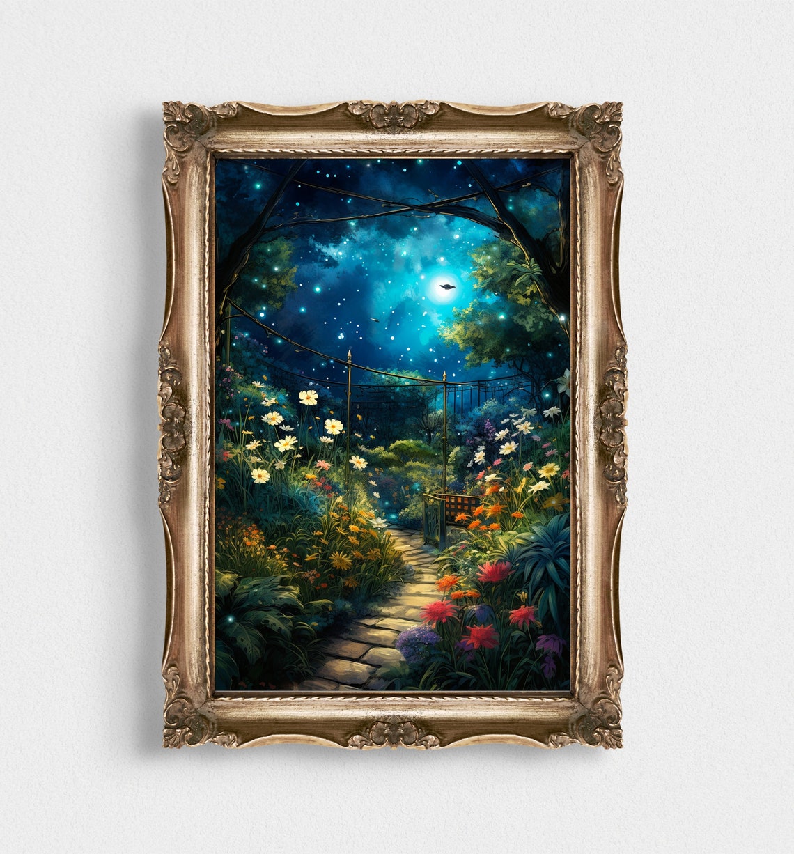 Magical Moonlit Garden Stone Path Flowers Whimsical Night Print