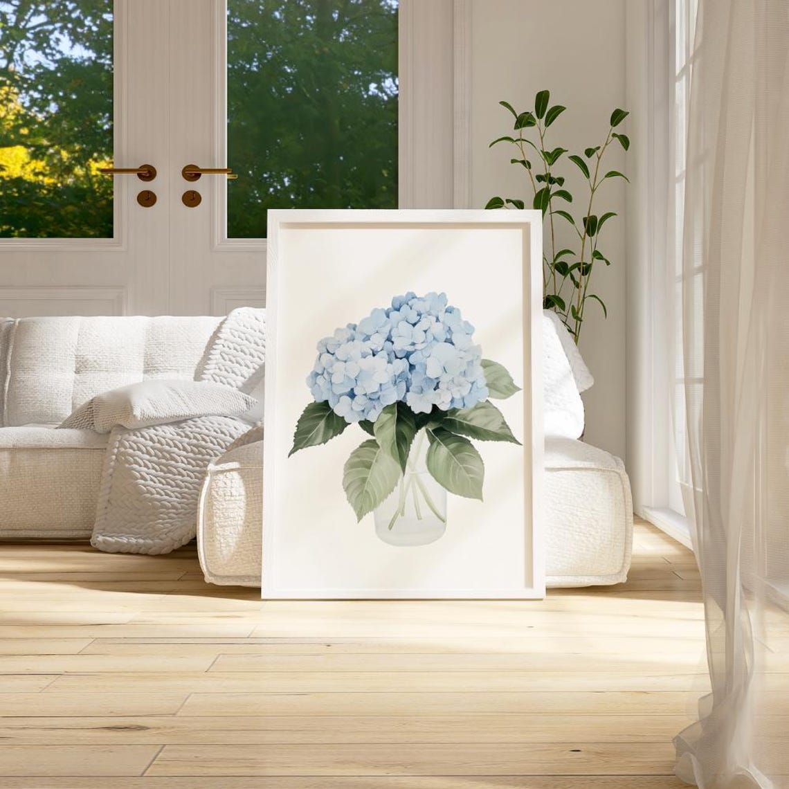 Blue Hydrangea Bloom In Glass Vase Watercolor Floral Still Life Poster - Image 2