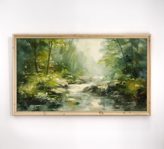 Misty Green Forest Stream Impressionist Landscape Calm Nature Poster