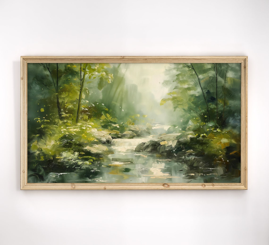 Misty Green Forest Stream Impressionist Landscape Calm Nature Poster