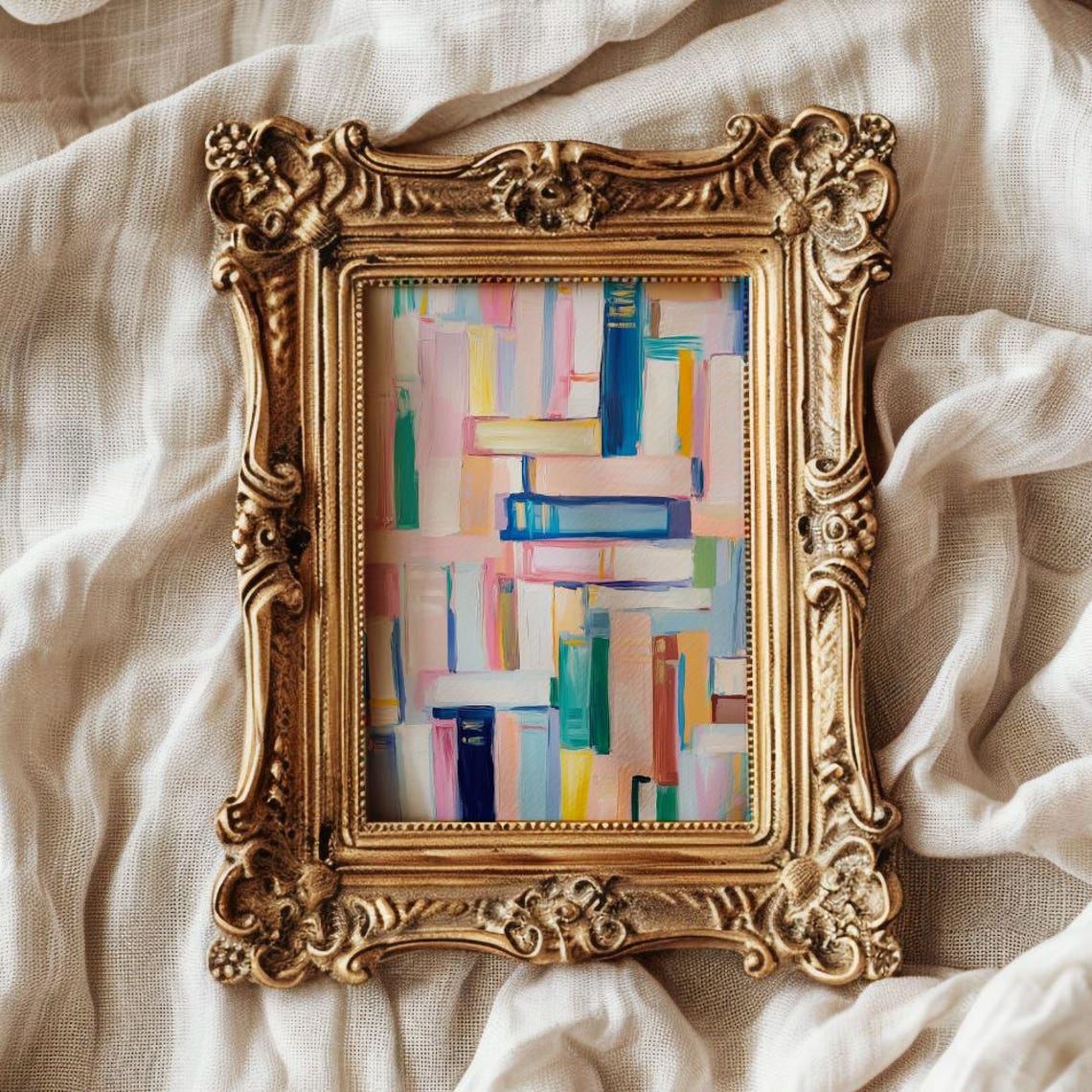 Pastel Abstract Bookshelf Books Painting Bookworm Reading Nook Poster - Image 2