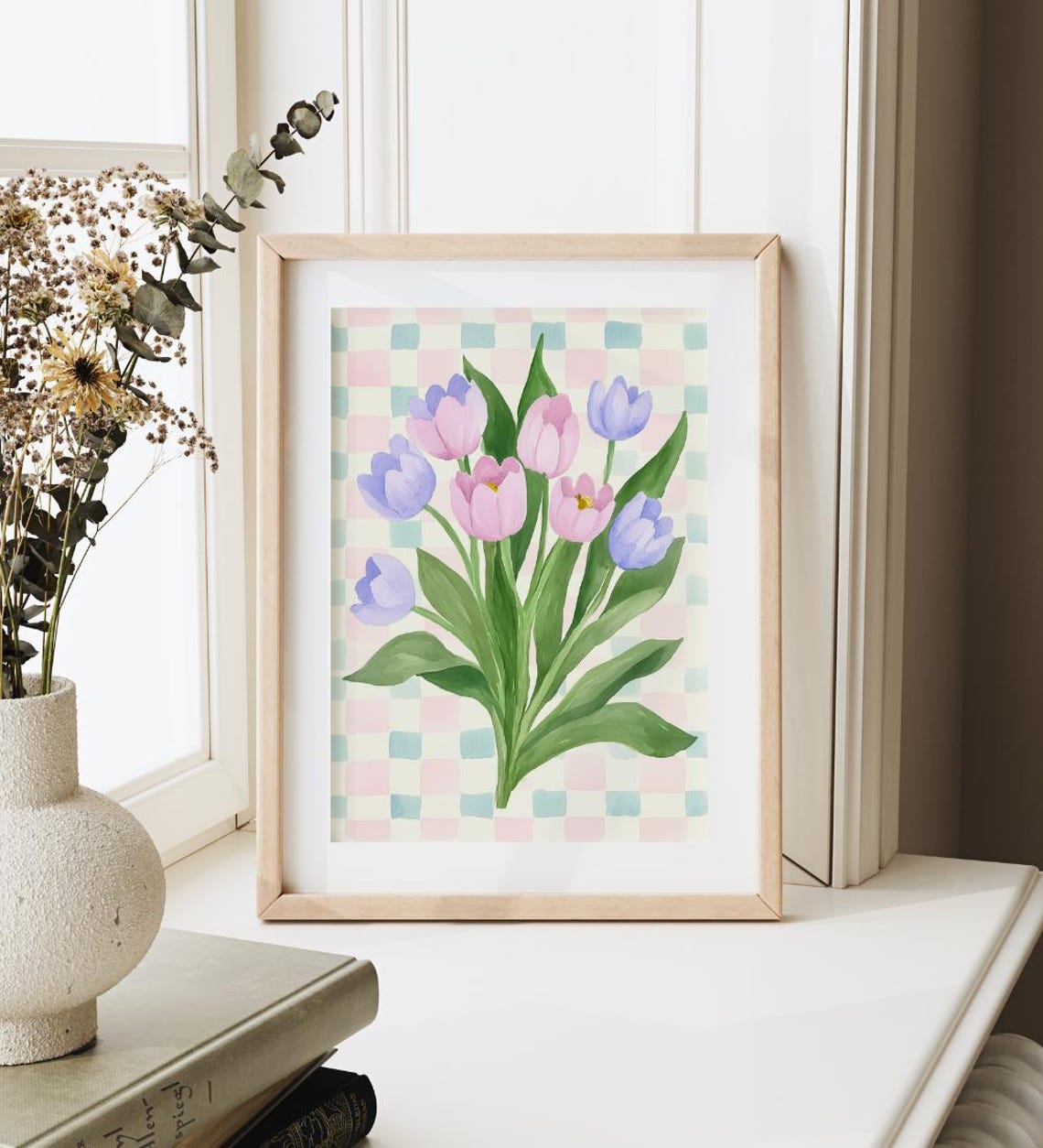 Pink Purple Tulip Bouquet Watercolor Pastel Checkerboard Poster - Image 2