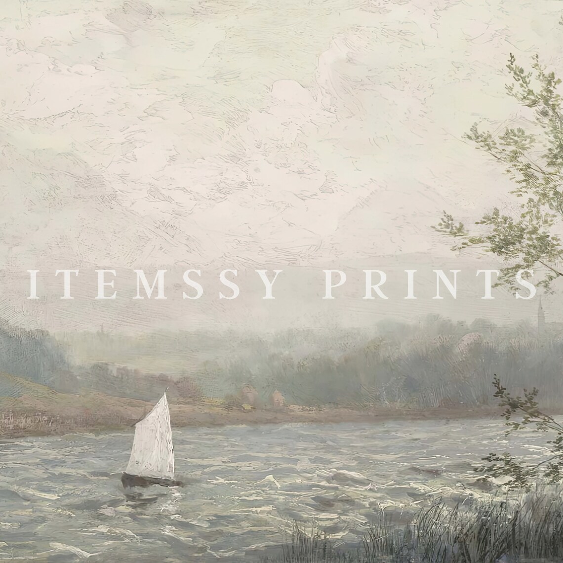 Lake Sailboat Painting Misty Shore Single White Sail Nautical Wall Poster - Image 2