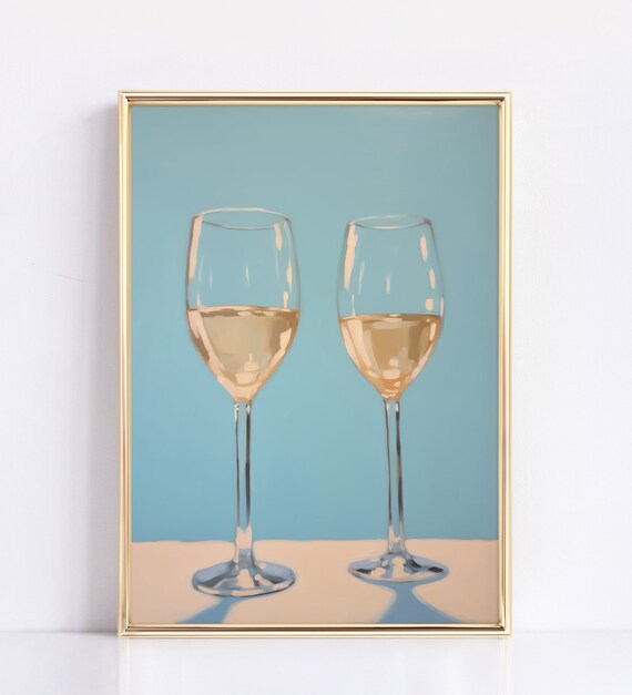 Two White Wine Glasses Minimalist Bar Cart Kitchen Art Poster