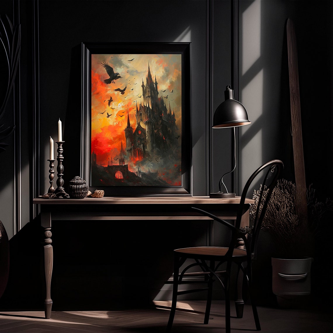 Gothic Castle With Crows Blazing Sunset Sky Dark Fantasy Poster - Image 3