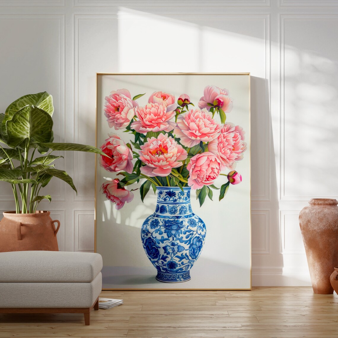 Pink Peonies in Blue White Chinoiserie Vase Botanical Poster - Image 3