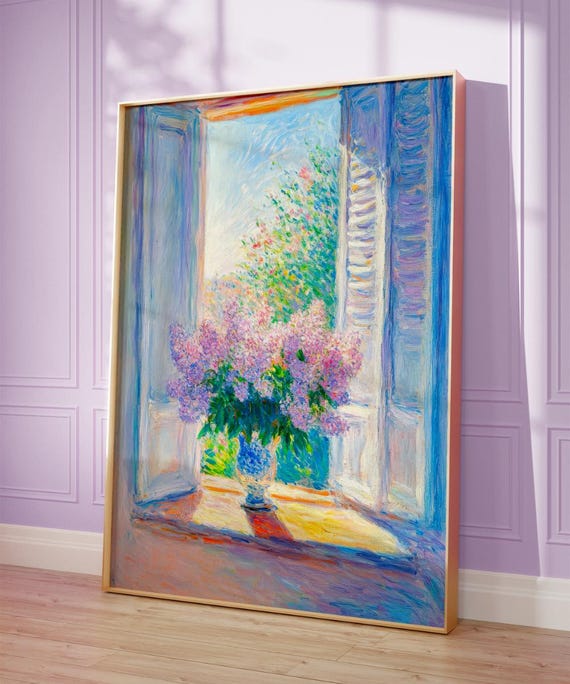 Fauvism Open Window Print Colorful Abstract Hydrangea Poster Vintage Matisse Style Coastal Exhibition Art Modern Mediterranean Decor