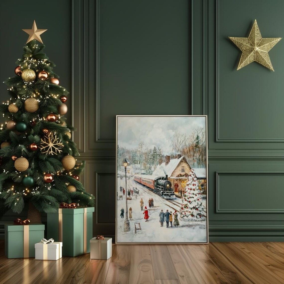 Vintage Steam Train Arriving At Snowy Christmas Station Poster - Image 3