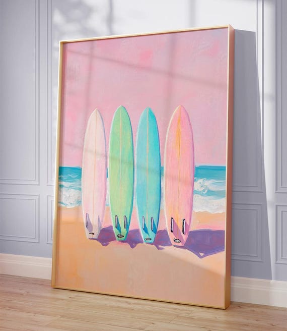 Colorful Surfboard Pastel Painting Minimalist Modern Print Coastal Room Surf Decor Beach Ocean Wall Art Surfing Art For Beach Lovers