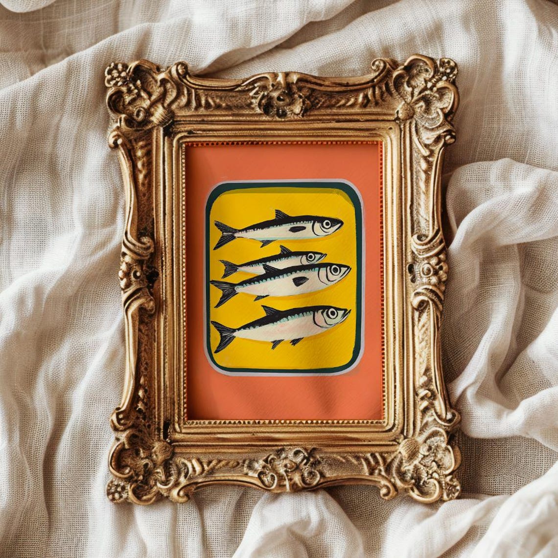 Four Sardines in Tin Style Pop Art Orange Yellow Retro Kitchen Poster - Image 2