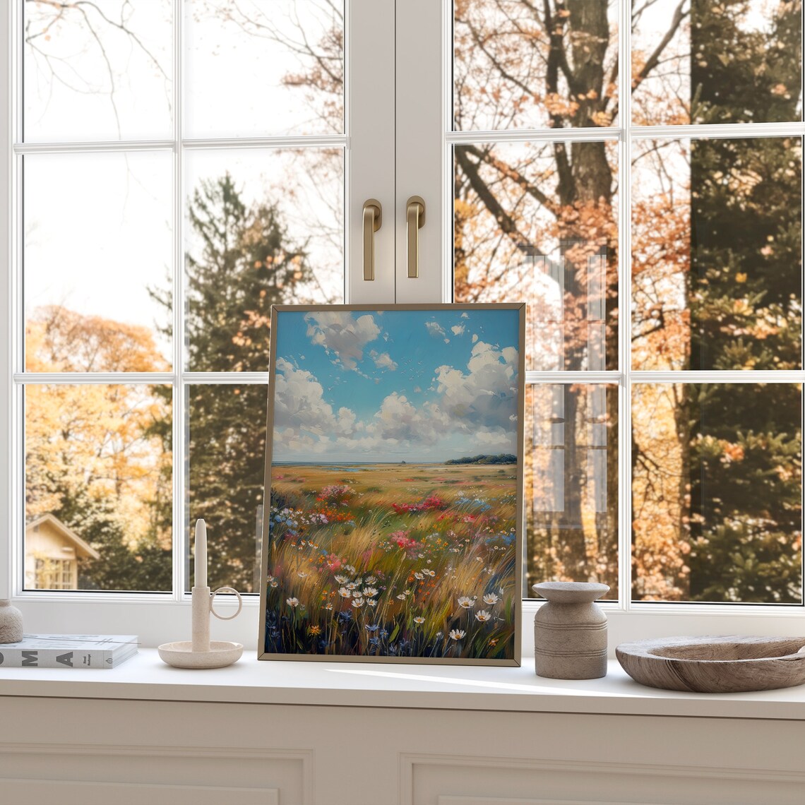 Spring Wildflower Meadow Daisies Blue Sky Vintage Landscape Poster - Image 3