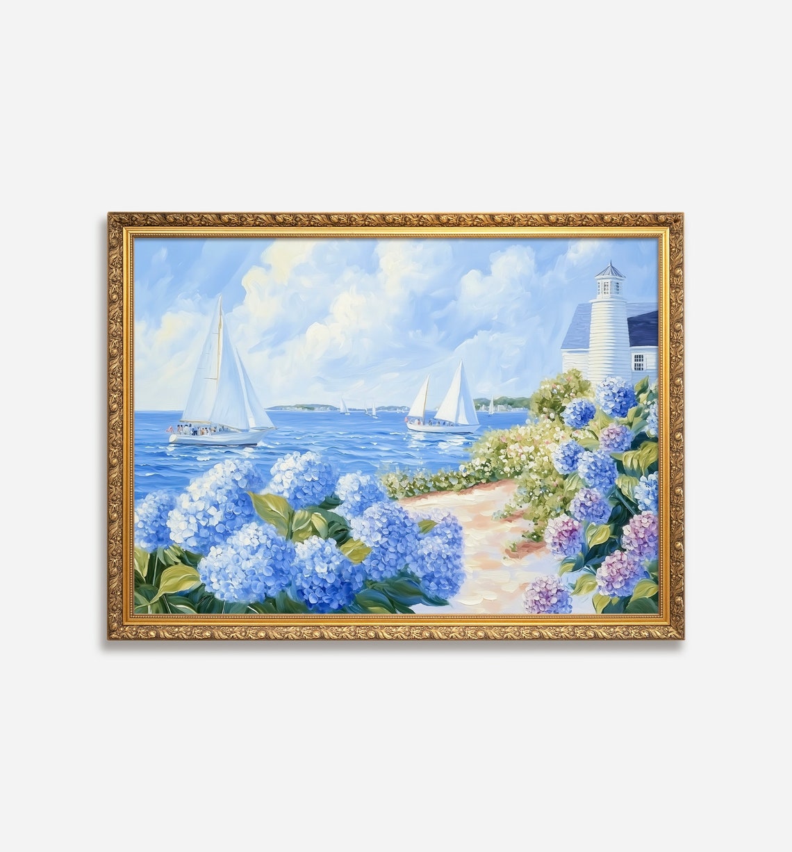 Sailboat Regatta Blue Hydrangea Bay Lighthouse Coastal Summer Poster - Image 2