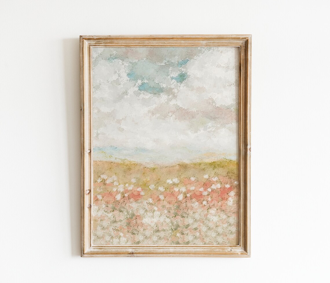 Spring Landscape Print Cloudy Sky Wall Art Country Farmhouse Landscape Oil Painting Neutral Pastel Wall Art Girls Room