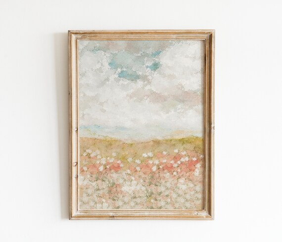 Muted Cloudy Sky Wildflower Field Pastoral Calm Serene Art Poster