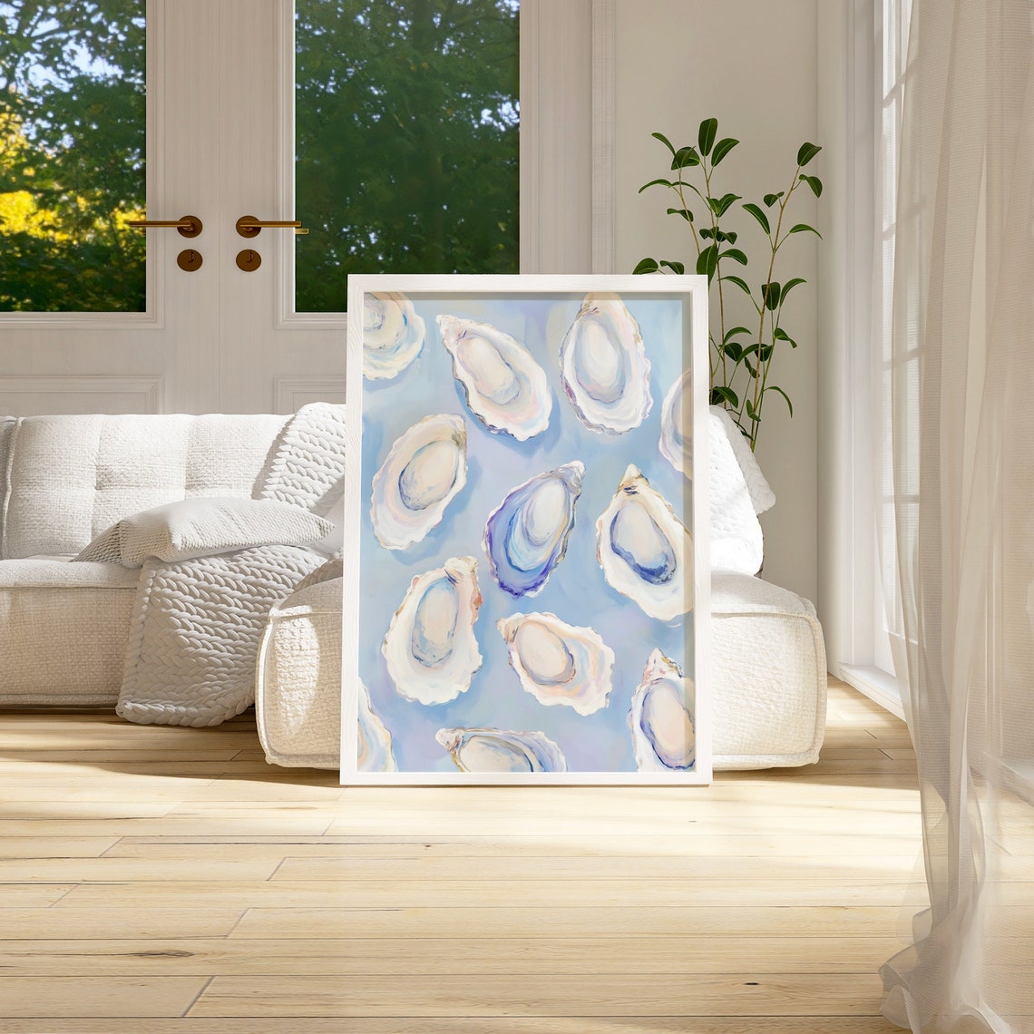 Pastel Oyster Shells on Blue Background Coastal Beach House Wall Art - Image 3
