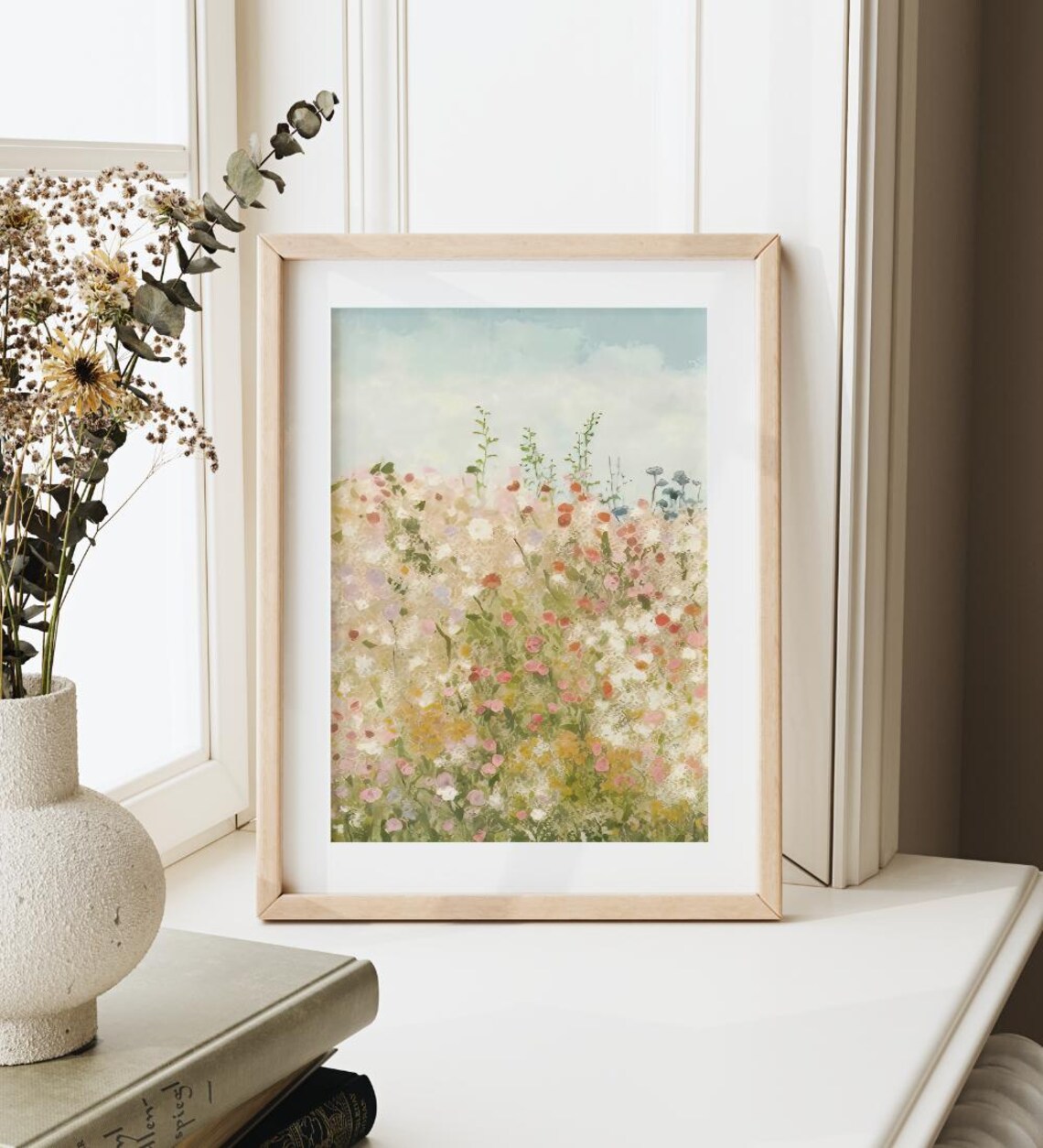 Dreamy Pink Wildflower Field Painting Soft Floral Meadow Art Poster - Image 3