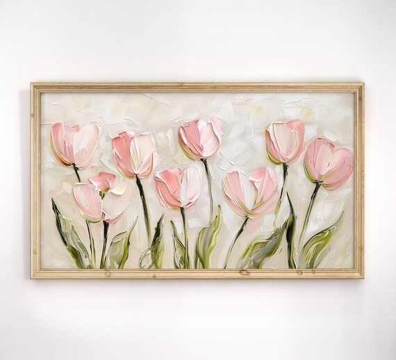 Blush Pink Tulips Textured Impasto Floral Painting Spring Wall Poster