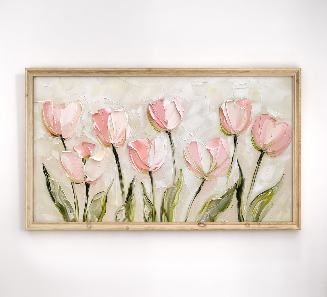 Blush Pink Tulips Textured Impasto Floral Painting Spring Wall Poster