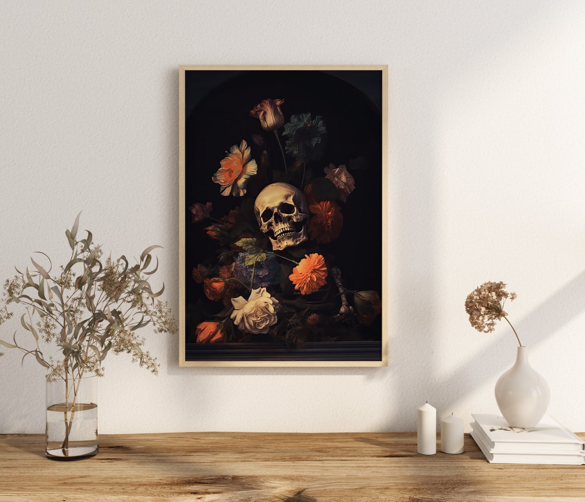 Dark Vanitas Skull With Flowers Gothic Still Life Oddities Art Poster - Image 3
