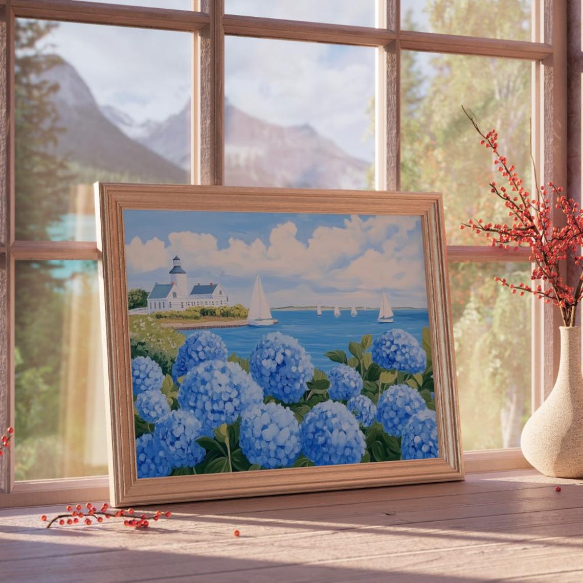 Lighthouse Seaside Painting Blue Hydrangea Coastal Art Print - Image 3