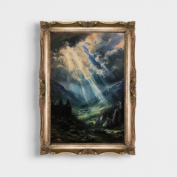 Dark Academia Nocturne Print Vintage Sun Rays Oil Painting Moody Night Sky Landscape Dark Gothic Decor Lunar Celestial Wall Art Hanging