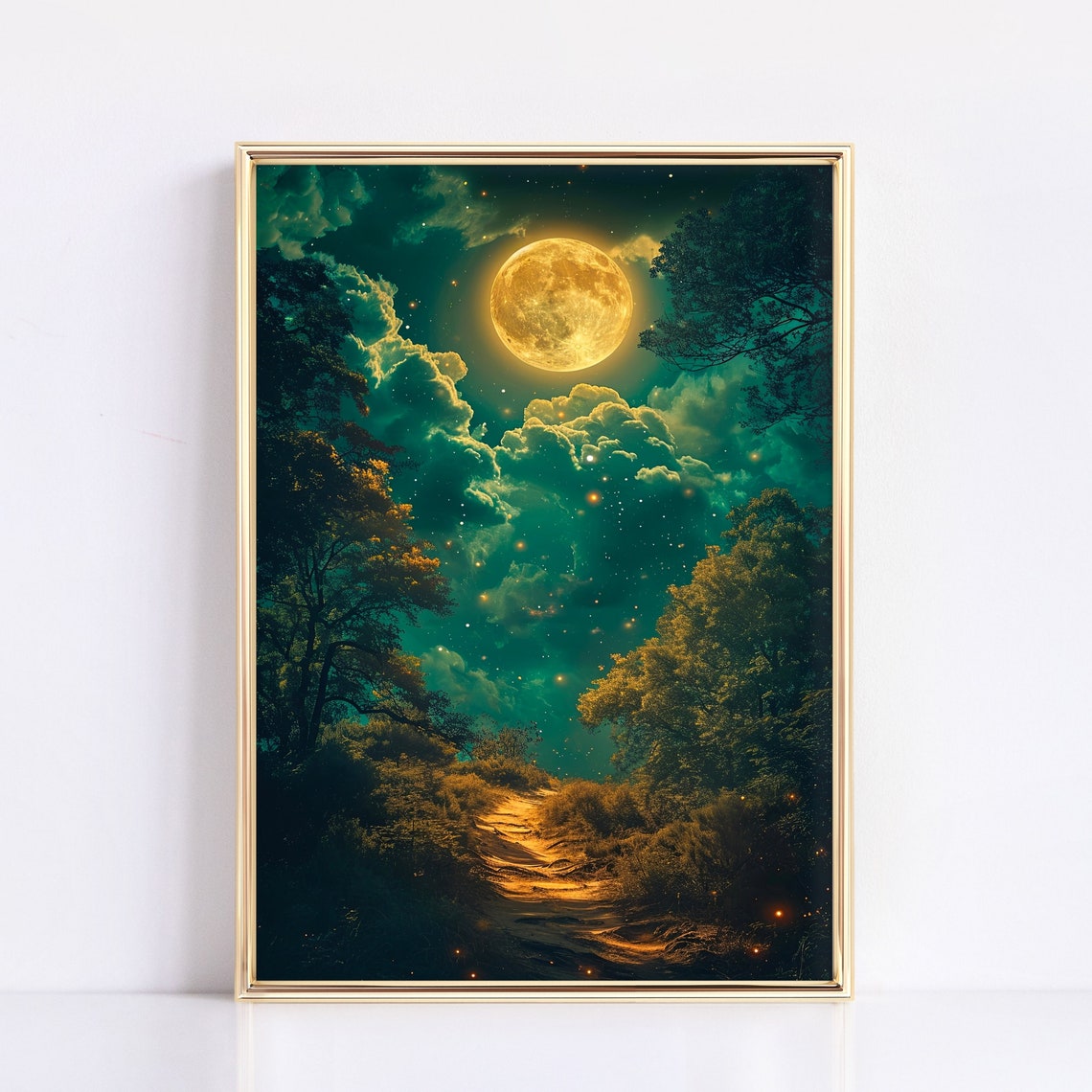 Golden Full Moon Over Forest Path Teal Night Sky Painting Poster - Image 3