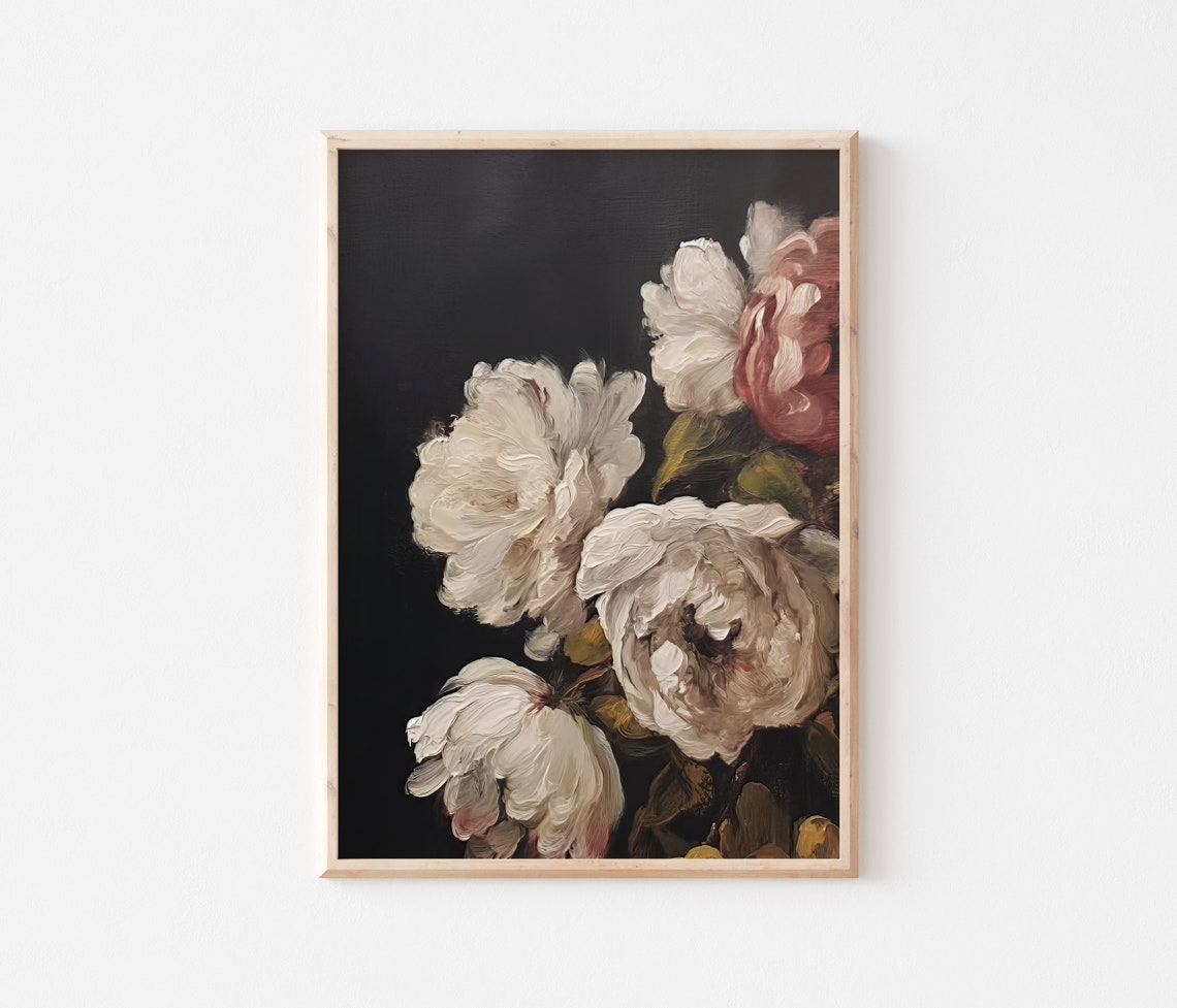 White And Blush Peonies On Dark Background Moody Floral Oil Poster - Image 3