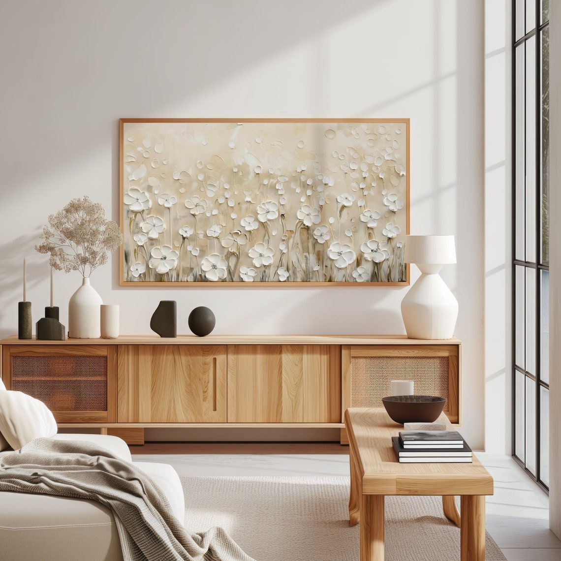 Textured White Wildflowers Beige Neutral Impasto Floral Art Poster - Image 3