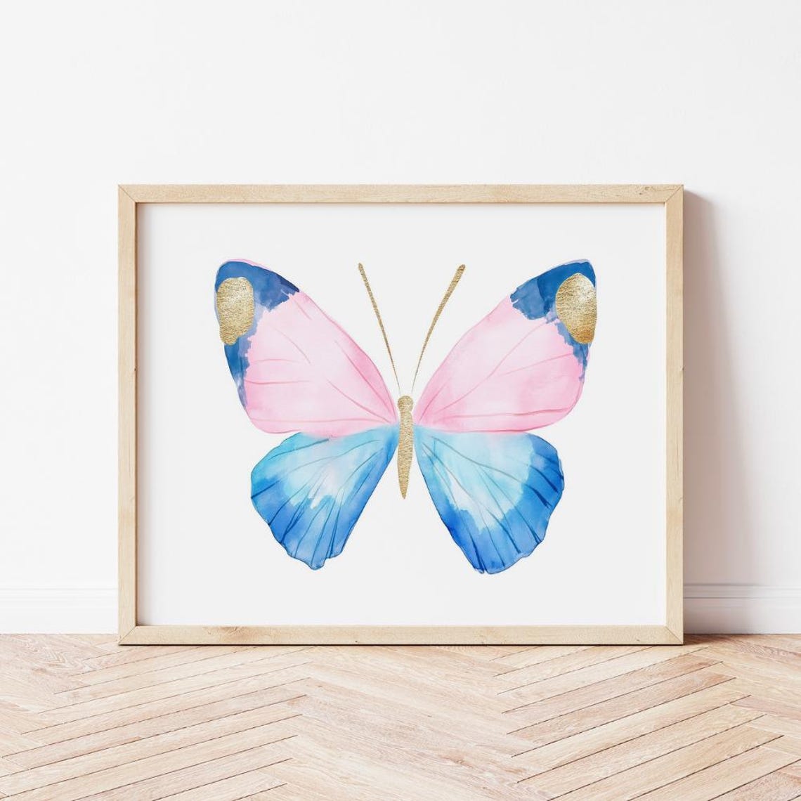Pastel Watercolor Butterfly Pink Blue Gold Nursery Art Poster - Image 2