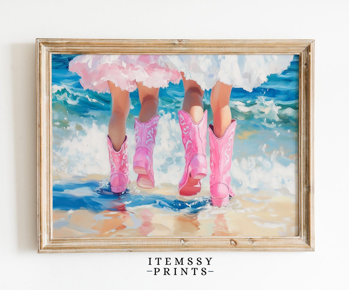 Pink Preppy Cowgirl Boots Print Girly Coastal Wall Decor Trendy Dorm Room Art Cowgirl Boots Ocean Oil Painting