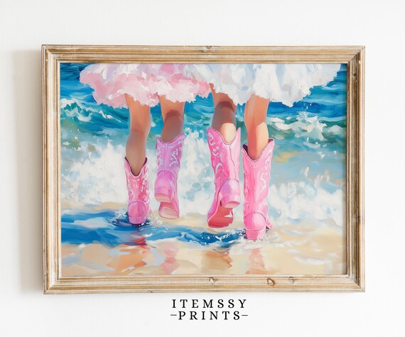 Girls in Pink Cowboy Boots Running Through Ocean Waves Beach Wall Art