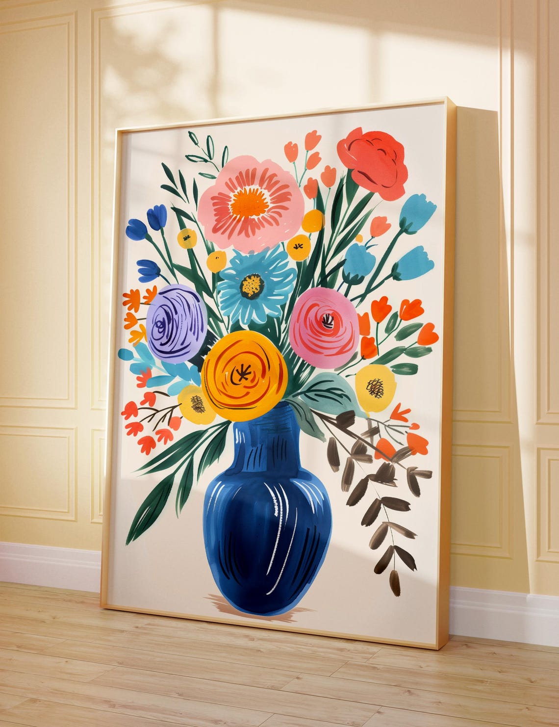 Flower Market Bouquet in Blue Vase Retro Botanical Illustration Poster - Image 2