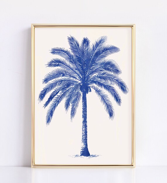 Vintage Blue Tropical Print Coastal Wall Decor Retro Palm Tree Art Minimalist Beach House Wall Art For Home Decor