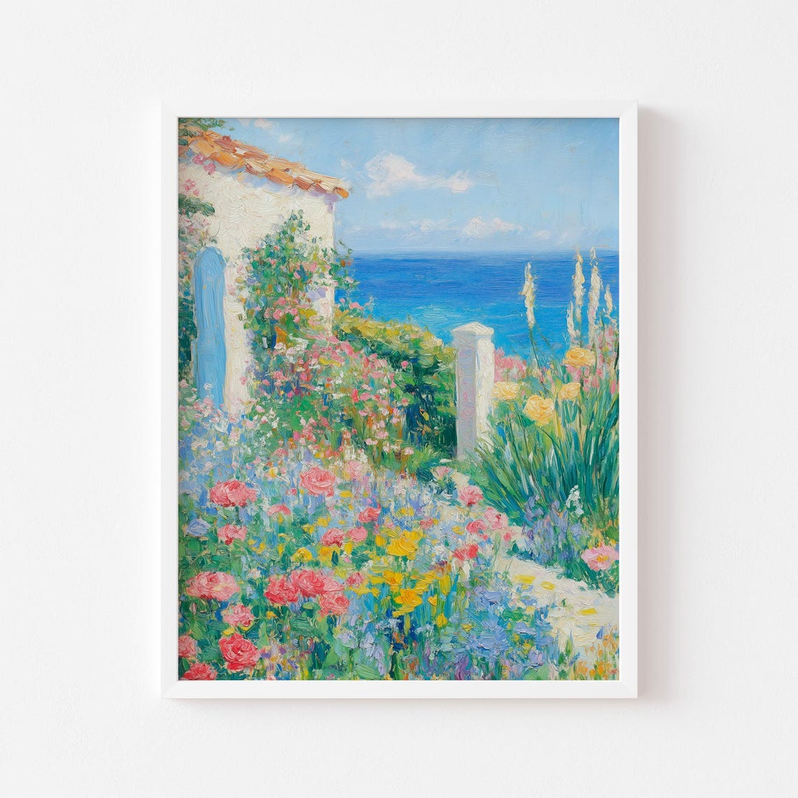 Mediterranean Cottage Garden Overlooking Sea Impressionist Wall Art - Image 3