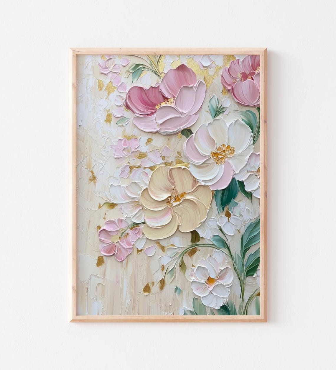 Pink Floral Impasto Painting Textured 3D Flower Gold Accent Poster - Image 2