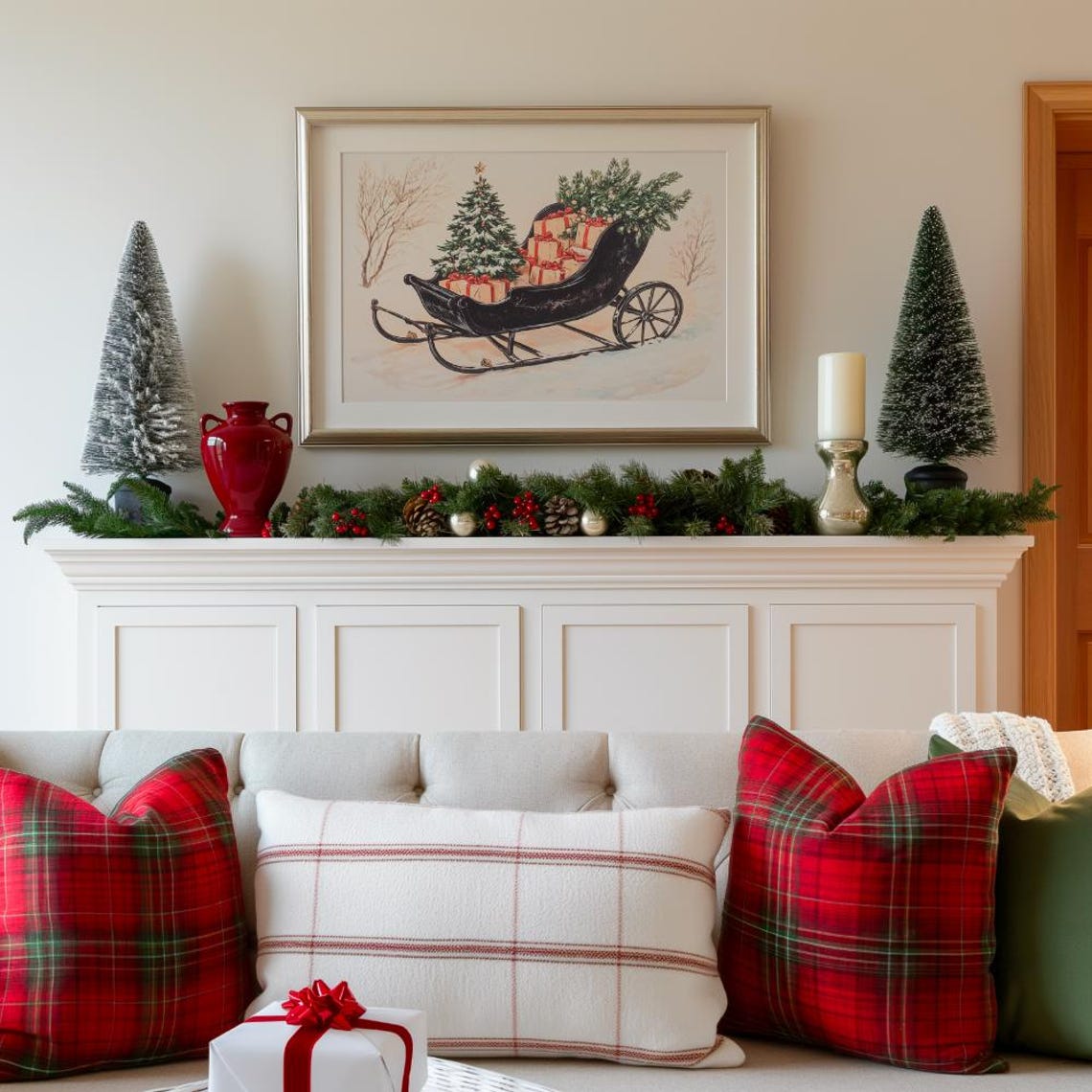 Vintage Black Sleigh With Gifts And Pine Boughs In Snow Poster - Image 2