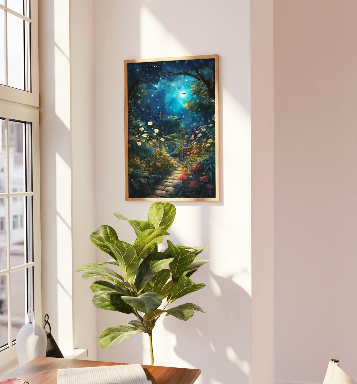 Magical Moonlit Garden Stone Path Flowers Whimsical Night Print - Image 2