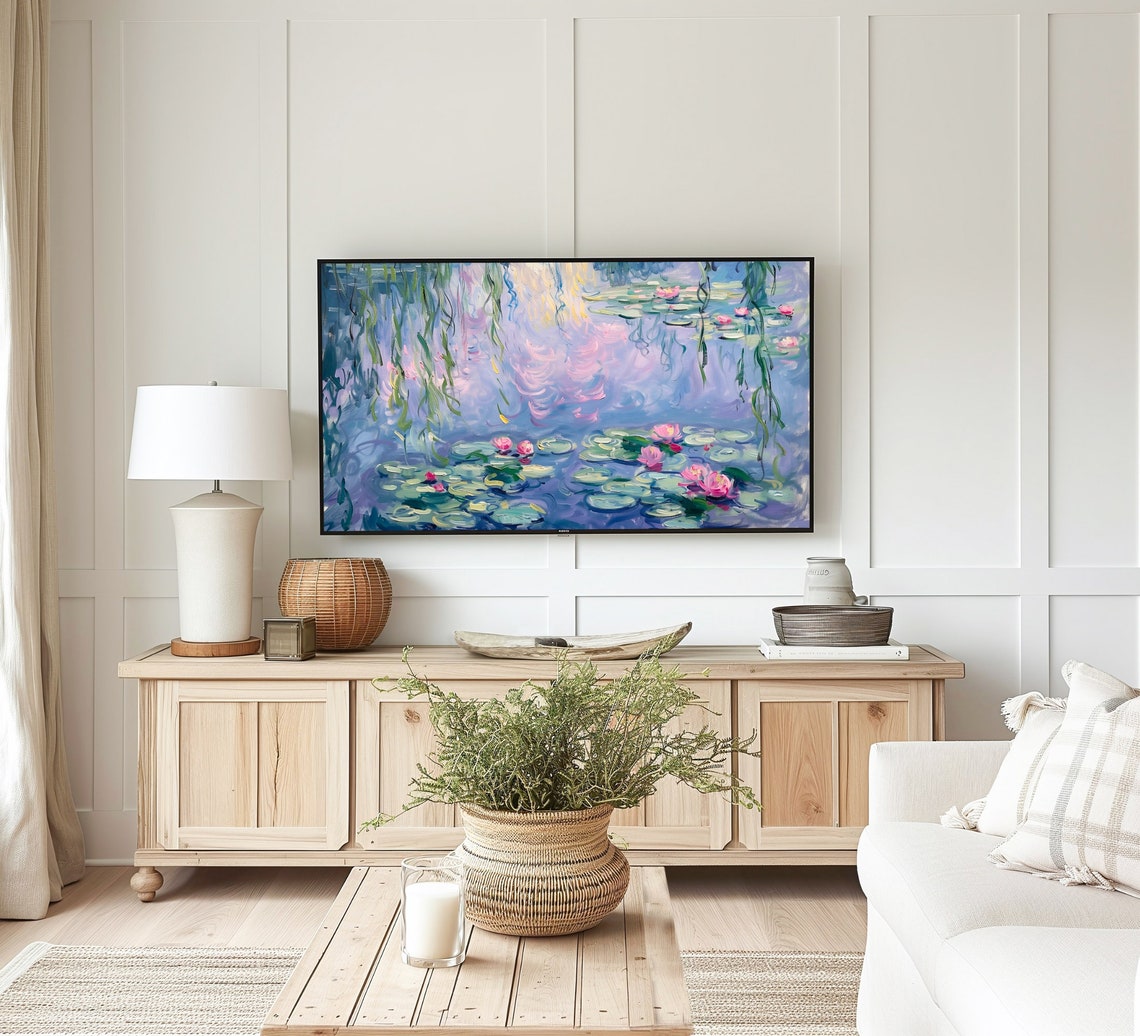 Water Lilies With Willow Reflections Lavender Monet Style Art Poster - Image 3