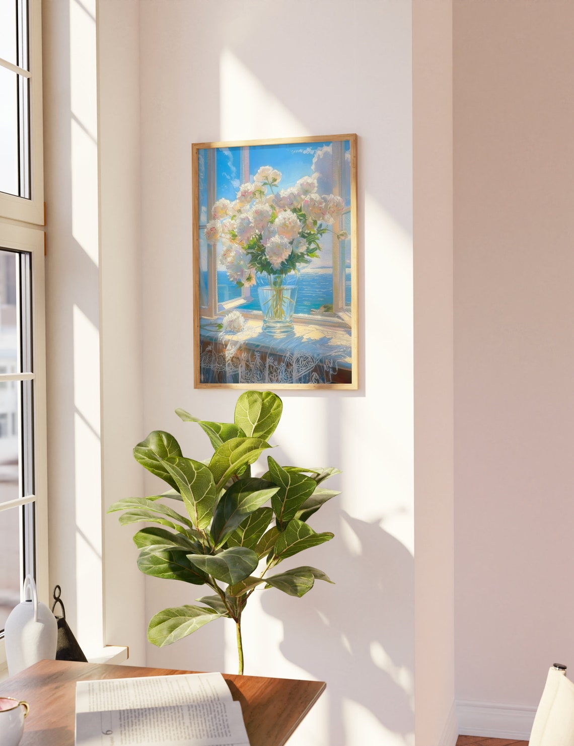 White Peonies Glass Vase Sunlit Window Overlooking Blue Sea Poster - Image 2