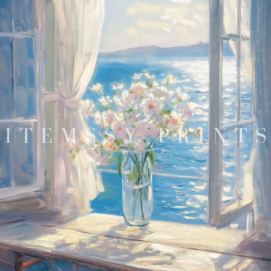 Pastel Wildflowers On Sunny Windowsill Overlooking Ocean View Poster - Image 2