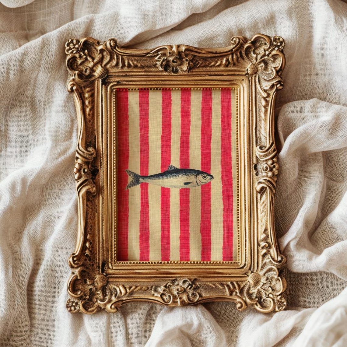 Classic Dark Sardine on Bold Red Cream Stripes Vintage Fish Art Poster - Image 4