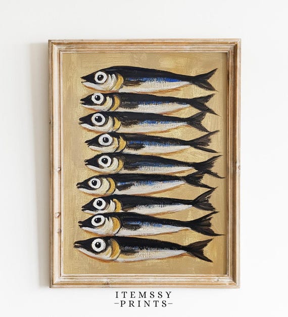 Sardine Tin Art Print Vintage Fish Poster Retro Sardine Wall Art Eclectic Kitchen Decor Maximalist Seafood Print Bold Wall Art