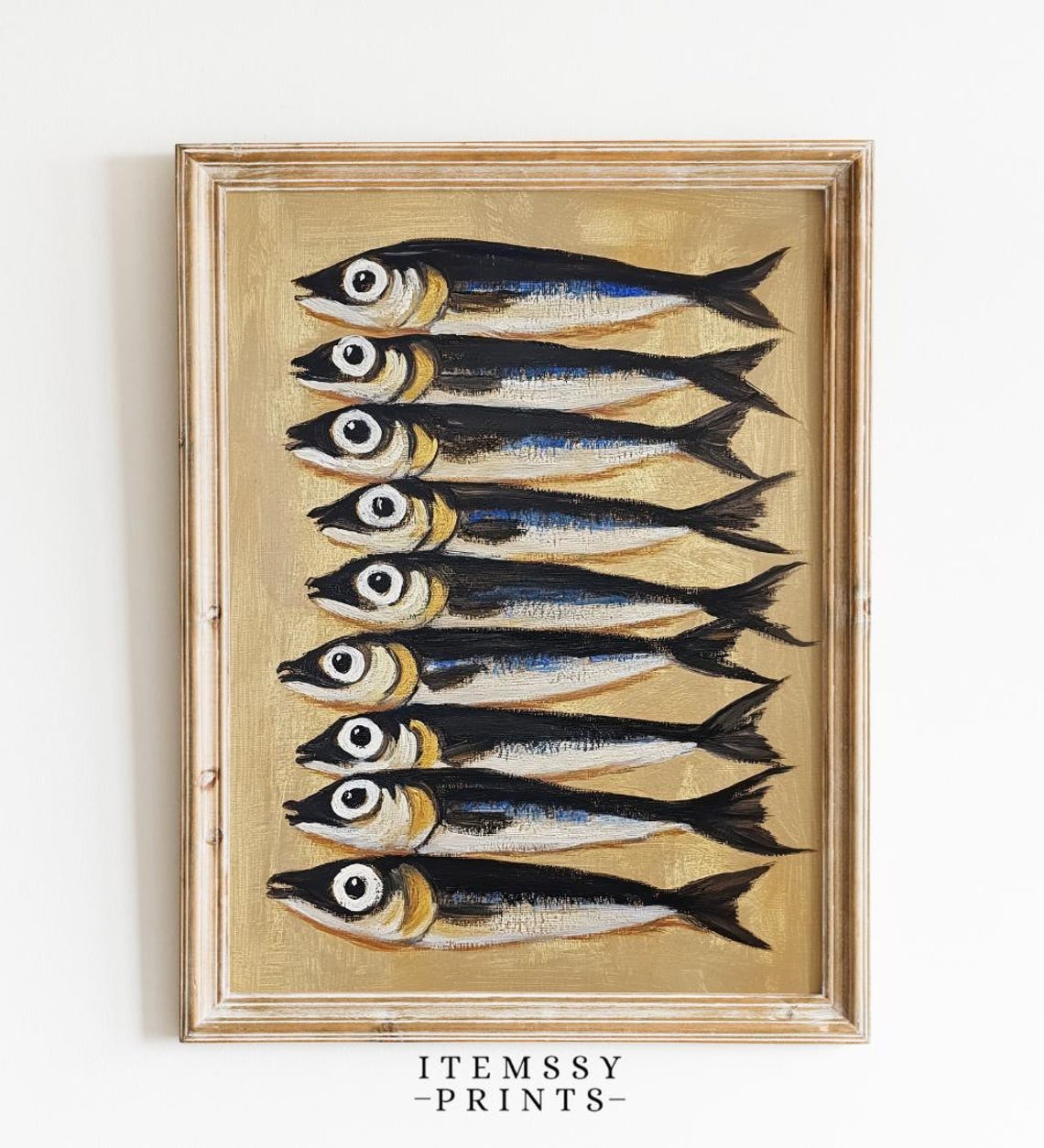 Nine Sardines Row Bold Folk Art Painting Gold Ground Fish Poster